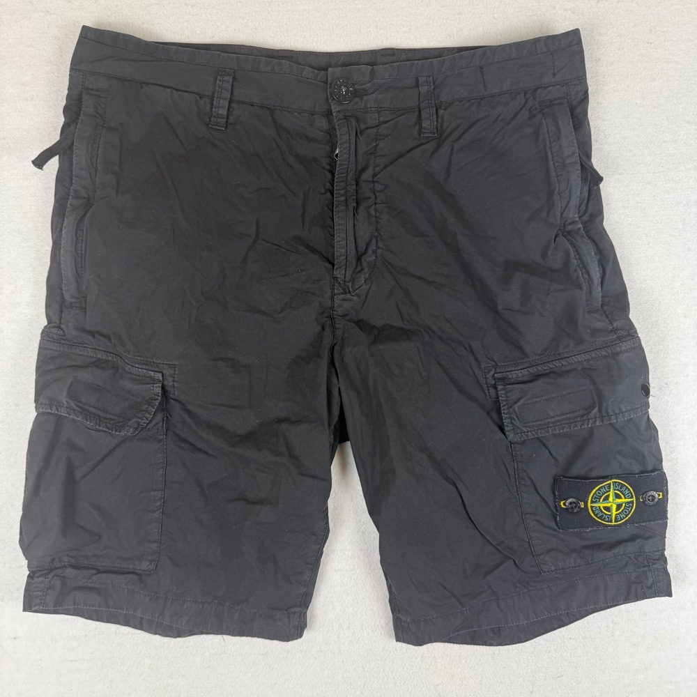 Stone Island Mens Black Cargo Shorts Type RE Cotton Stretch Sz 30W Compass Badge